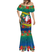 Personalised New Caledonia Christmas Mermaid Dress Santa Claus and Kanak Flag Mix Poinsettia Maori Pattern LT03 - Polynesian Pride