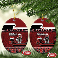 New Zealand Christmas Ceramic Ornament - Meri Kirihimete Aotearoa Warrior on Waka with Maori Art Tattoo LT03 Oval Red - Polynesian Pride
