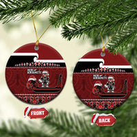 New Zealand Christmas Ceramic Ornament - Meri Kirihimete Aotearoa Warrior on Waka with Maori Art Tattoo LT03 Circle Red - Polynesian Pride