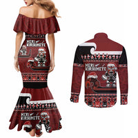 New Zealand Christmas Couples Matching Mermaid Dress and Long Sleeve Button Shirt Meri Kirihimete Aotearoa Warrior on Waka with Maori Art Tattoo LT03 - Polynesian Pride