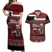 New Zealand Christmas Couples Matching Off Shoulder Maxi Dress and Hawaiian Shirt Meri Kirihimete Aotearoa Warrior on Waka with Maori Art Tattoo LT03 Red - Polynesian Pride