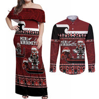 New Zealand Christmas Couples Matching Off Shoulder Maxi Dress and Long Sleeve Button Shirt Meri Kirihimete Aotearoa Warrior on Waka with Maori Art Tattoo LT03 Red - Polynesian Pride