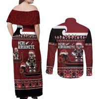 New Zealand Christmas Couples Matching Off Shoulder Maxi Dress and Long Sleeve Button Shirt Meri Kirihimete Aotearoa Warrior on Waka with Maori Art Tattoo LT03 - Polynesian Pride