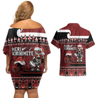 New Zealand Christmas Couples Matching Off Shoulder Short Dress and Hawaiian Shirt Meri Kirihimete Aotearoa Warrior on Waka with Maori Art Tattoo LT03 - Polynesian Pride