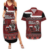New Zealand Christmas Couples Matching Summer Maxi Dress and Hawaiian Shirt Meri Kirihimete Aotearoa Warrior on Waka with Maori Art Tattoo LT03 Red - Polynesian Pride