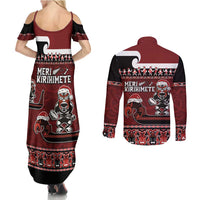 New Zealand Christmas Couples Matching Summer Maxi Dress and Long Sleeve Button Shirt Meri Kirihimete Aotearoa Warrior on Waka with Maori Art Tattoo LT03 - Polynesian Pride