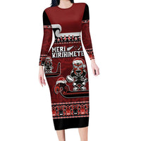 New Zealand Christmas Family Matching Long Sleeve Bodycon Dress and Hawaiian Shirt Meri Kirihimete Aotearoa Warrior on Waka with Maori Art Tattoo LT03 Mom's Dress Red - Polynesian Pride