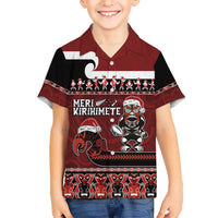 New Zealand Christmas Kid Hawaiian Shirt Meri Kirihimete Aotearoa Warrior on Waka with Maori Art Tattoo LT03 Kid Red - Polynesian Pride