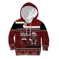 New Zealand Christmas Kid Hoodie Meri Kirihimete Aotearoa Warrior on Waka with Maori Art Tattoo LT03 Hoodie Red - Polynesian Pride