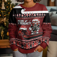 New Zealand Christmas Kid Ugly Christmas Sweater - Meri Kirihimete Aotearoa Warrior on Waka with Maori Art Tattoo LT03 - Polynesian Pride