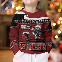New Zealand Christmas Kid Ugly Christmas Sweater - Meri Kirihimete Aotearoa Warrior on Waka with Maori Art Tattoo LT03 - Polynesian Pride