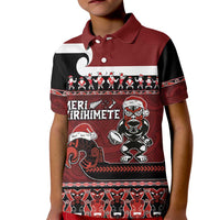New Zealand Christmas Kid Polo Shirt Meri Kirihimete Aotearoa Warrior on Waka with Maori Art Tattoo LT03 Kid Red - Polynesian Pride
