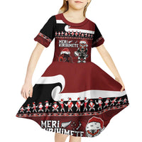 New Zealand Christmas Kid Short Sleeve Dress Meri Kirihimete Aotearoa Warrior on Waka with Maori Art Tattoo LT03 - Polynesian Pride