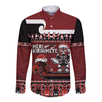 New Zealand Christmas Long Sleeve Button Shirt Meri Kirihimete Aotearoa Warrior on Waka with Maori Art Tattoo LT03 Unisex Red - Polynesian Pride