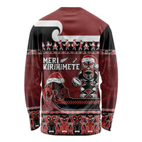 New Zealand Christmas Long Sleeve Shirt Meri Kirihimete Aotearoa Warrior on Waka with Maori Art Tattoo LT03 - Polynesian Pride