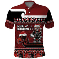 New Zealand Christmas Polo Shirt Meri Kirihimete Aotearoa Warrior on Waka with Maori Art Tattoo LT03 Red - Polynesian Pride