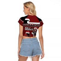 New Zealand Christmas Raglan Cropped T Shirt Meri Kirihimete Aotearoa Warrior on Waka with Maori Art Tattoo LT03 - Polynesian Pride