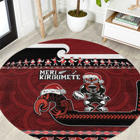 New Zealand Christmas Round Carpet Meri Kirihimete Aotearoa Warrior on Waka with Maori Art Tattoo LT03 Red - Polynesian Pride