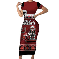 New Zealand Christmas Short Sleeve Bodycon Dress Meri Kirihimete Aotearoa Warrior on Waka with Maori Art Tattoo LT03 Long Dress Red - Polynesian Pride