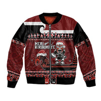 New Zealand Christmas Sleeve Zip Bomber Jacket Meri Kirihimete Aotearoa Warrior on Waka with Maori Art Tattoo LT03 Unisex Red - Polynesian Pride