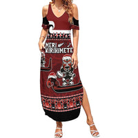 New Zealand Christmas Summer Maxi Dress Meri Kirihimete Aotearoa Warrior on Waka with Maori Art Tattoo LT03 Women Red - Polynesian Pride