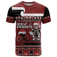 New Zealand Christmas T Shirt Meri Kirihimete Aotearoa Warrior on Waka with Maori Art Tattoo LT03 Red - Polynesian Pride