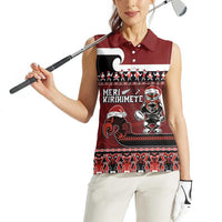 New Zealand Christmas Women Sleeveless Polo Shirt Meri Kirihimete Aotearoa Warrior on Waka with Maori Art Tattoo LT03 - Polynesian Pride