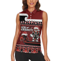 New Zealand Christmas Women Sleeveless Polo Shirt Meri Kirihimete Aotearoa Warrior on Waka with Maori Art Tattoo LT03 - Polynesian Pride