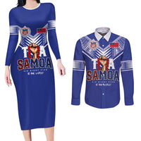 Toa Samoa Rugby Couples Matching Long Sleeve Bodycon Dress and Long Sleeve Button Shirt Six Eight Five to The World LT03 Blue - Polynesian Pride
