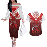 Mate Ma'a Tonga Rugby Couples Matching Off The Shoulder Long Sleeve Dress and Hawaiian Shirt Six Seven Six to The World LT03 Red - Polynesian Pride