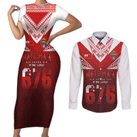 Mate Ma'a Tonga Rugby Couples Matching Short Sleeve Bodycon Dress and Long Sleeve Button Shirt Six Seven Six to The World LT03 Red - Polynesian Pride