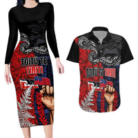 Aotearoa and Samoa Toitu Te Tiriti Couples Matching Long Sleeve Bodycon Dress and Hawaiian Shirt Honour the Treaty - Te Tiriti Is Us LT03 Black - Polynesian Pride