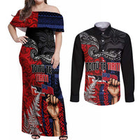 Aotearoa and Samoa Toitu Te Tiriti Couples Matching Off Shoulder Maxi Dress and Long Sleeve Button Shirt Honour the Treaty - Te Tiriti Is Us LT03 Black - Polynesian Pride