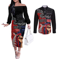 Aotearoa and Samoa Toitu Te Tiriti Couples Matching Off The Shoulder Long Sleeve Dress and Long Sleeve Button Shirt Honour the Treaty - Te Tiriti Is Us LT03 Black - Polynesian Pride