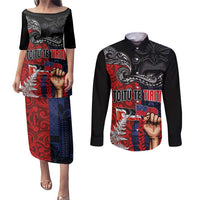 Aotearoa and Samoa Toitu Te Tiriti Couples Matching Puletasi and Long Sleeve Button Shirt Honour the Treaty - Te Tiriti Is Us LT03 Black - Polynesian Pride