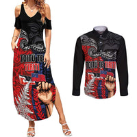 Aotearoa and Samoa Toitu Te Tiriti Couples Matching Summer Maxi Dress and Long Sleeve Button Shirt Honour the Treaty - Te Tiriti Is Us LT03 Black - Polynesian Pride