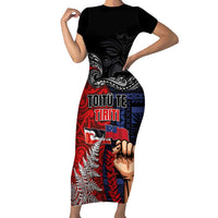 Aotearoa and Samoa Toitu Te Tiriti Short Sleeve Bodycon Dress Honour the Treaty - Te Tiriti Is Us LT03 Long Dress Black - Polynesian Pride