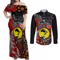 Aotearoa and Australia Toitu Te Tiriti Couples Matching Off Shoulder Maxi Dress and Long Sleeve Button Shirt Honour the Treaty - Te Tiriti Is Us LT03 Black - Polynesian Pride