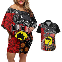 Aotearoa and Australia Toitu Te Tiriti Couples Matching Off Shoulder Short Dress and Hawaiian Shirt Honour the Treaty - Te Tiriti Is Us LT03 Black - Polynesian Pride