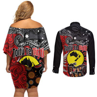 Aotearoa and Australia Toitu Te Tiriti Couples Matching Off Shoulder Short Dress and Long Sleeve Button Shirt Honour the Treaty - Te Tiriti Is Us LT03 - Polynesian Pride
