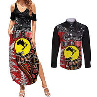 Aotearoa and Australia Toitu Te Tiriti Couples Matching Summer Maxi Dress and Long Sleeve Button Shirt Honour the Treaty - Te Tiriti Is Us LT03 Black - Polynesian Pride