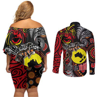 Aotearoa and Australia Toitu Te Tiriti Couples Matching Off Shoulder Short Dress and Long Sleeve Button Shirt Honour the Treaty - Stand Together Stand Stronger LT03 - Polynesian Pride
