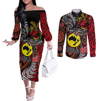 Aotearoa and Australia Toitu Te Tiriti Couples Matching Off The Shoulder Long Sleeve Dress and Long Sleeve Button Shirt Honour the Treaty - Stand Together Stand Stronger LT03 Black - Polynesian Pride