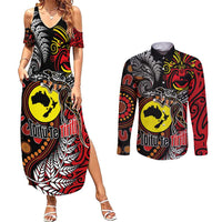Aotearoa and Australia Toitu Te Tiriti Couples Matching Summer Maxi Dress and Long Sleeve Button Shirt Honour the Treaty - Stand Together Stand Stronger LT03 Black - Polynesian Pride