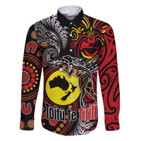 Aotearoa and Australia Toitu Te Tiriti Family Matching Off Shoulder Short Dress and Hawaiian Shirt Honour the Treaty - Stand Together Stand Stronger LT03 Dad's Shirt - Long Sleeve Black - Polynesian Pride