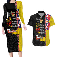 Aotearoa and Niue Toitu Te Tiriti Couples Matching Long Sleeve Bodycon Dress and Hawaiian Shirt Honour the Treaty - Fight Together Stand Together LT03 Black - Polynesian Pride