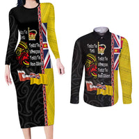 Aotearoa and Niue Toitu Te Tiriti Couples Matching Long Sleeve Bodycon Dress and Long Sleeve Button Shirt Honour the Treaty - Fight Together Stand Together LT03 Black - Polynesian Pride