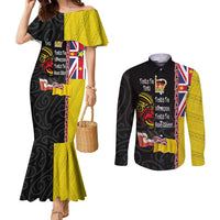 Aotearoa and Niue Toitu Te Tiriti Couples Matching Mermaid Dress and Long Sleeve Button Shirt Honour the Treaty - Fight Together Stand Together LT03 Black - Polynesian Pride