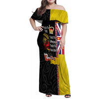Aotearoa and Niue Toitu Te Tiriti Family Matching Off Shoulder Maxi Dress and Hawaiian Shirt Honour the Treaty - Fight Together Stand Together LT03 Mom's Dress Black - Polynesian Pride