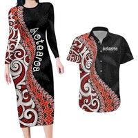 Aotearoa Maori Stylized Koru - Silver Ferns Couples Matching Long Sleeve Bodycon Dress and Hawaiian Shirt LT03 Red - Polynesian Pride